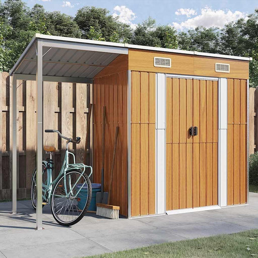 Abri De Jardin Acier Galvanisé Avec Toit Prolongé Marron Clair 277x107x181 Cm, Rangement Extérieur Pour Outils Et Mobilier, Porte Avec Poignées Et 2 Bouches D'aération