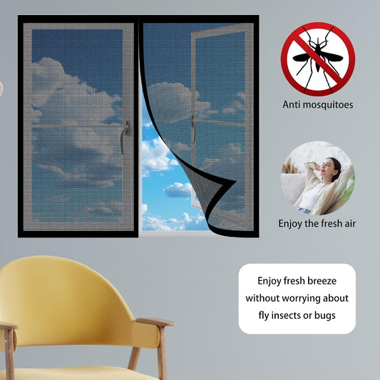 Magnetic Door Or Window Mosquito Net 86 X 113 Cm Self-Adhesive Mesh Curtain With Automatic Closing No Drilling For Corridors Windows Patio, Black