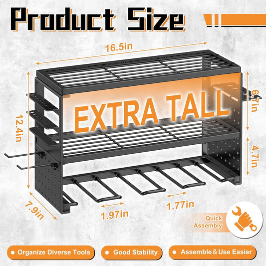 Support Mural Pour Outils électriques, Capacité De Charge De 68 Kg Avec 4 Supports De Perceuse, étagère Utilitaire à 3 Couches Pour Rangement De Garage Et D'atelier (noir)