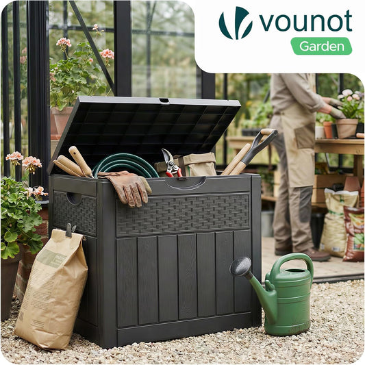 Vounot® Coffre De Rangement Extérieur 126L Boîte De Jardin Étanche Anti UV Couvercle Verrouillable Avec Poignées Encastrées 56 X 43 X 53 Cm Pour Jardin Terrasse Balcon Piscine Effet Polyrotin Noir