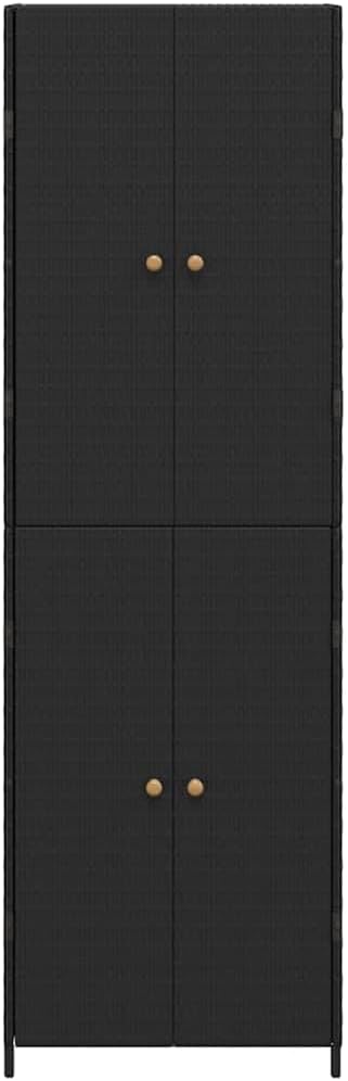  Armoire De Jardin En Polyrotin Noir 59 X 40 X 180 Cm Avec Espace De Rangement Et Casier, Résistante Aux Intempéries, Avec Poignées En Bois D'acacia Massif Et Cadre En Acier Revêtu Par