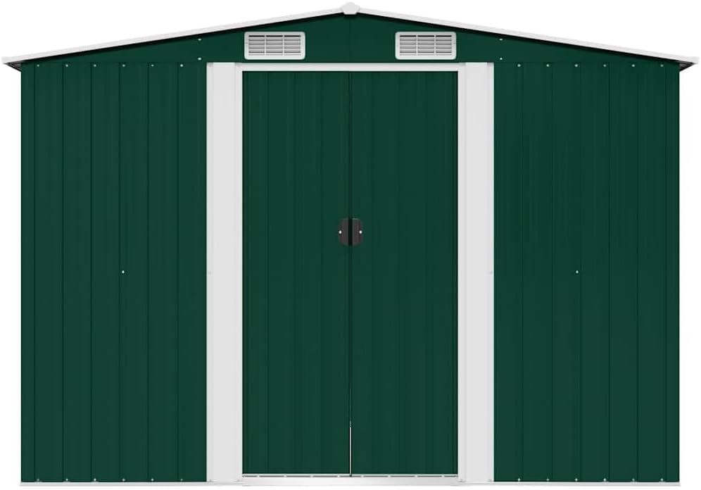  Abri De Stockage Jardin En Métal Vert 257 X 205 X 178 Cm Avec Double Porte Coulissante, Ventilation Optimale, Cadre Acier Galvanisé, Espace Rangement Outils Et Matériel Extérieur