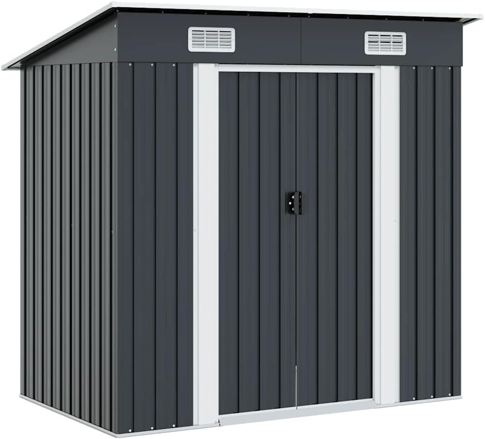  Abri De Jardin En Acier Galvanisé Anthracite Avec Ventilation, Doubles Portes Coulissantes Et Pièces Prédécoupées Pour Rangement Outils Et Matériel Extérieur