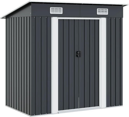  Abri De Jardin En Acier Galvanisé Anthracite Avec Ventilation, Doubles Portes Coulissantes Et Pièces Prédécoupées Pour Rangement Outils Et Matériel Extérieur