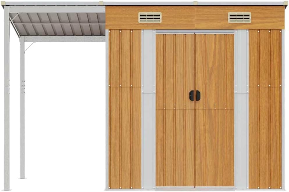  Abri De Jardin Acier Galvanisé Avec Toit Prolongé Marron Clair 277x107x181 Cm, Rangement Extérieur Pour Outils Et Mobilier, Porte Avec Poignées Et 2 Bouches D'aération