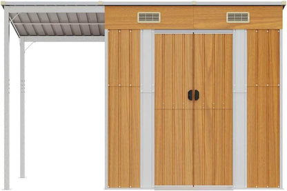  Abri De Jardin Acier Galvanisé Avec Toit Prolongé Marron Clair 277x107x181 Cm, Rangement Extérieur Pour Outils Et Mobilier, Porte Avec Poignées Et 2 Bouches D'aération