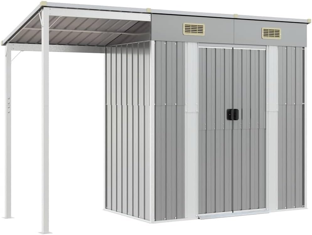  Abri De Jardin Acier Galvanisé Avec Toit Prolongé Marron Clair 277x107x181 Cm, Rangement Extérieur Pour Outils Et Mobilier, Porte Avec Poignées Et 2 Bouches D'aération