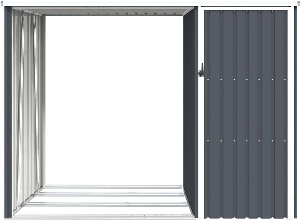  Abri De Jardin Acier Galvanisé 245x98x159 Cm Anthracite, Râtelier à Bûches 2 En 1 Pour Rangement Extérieur D'outils Et Bois De Chauffage, Toit En Pente Pour écoulement D'eau
