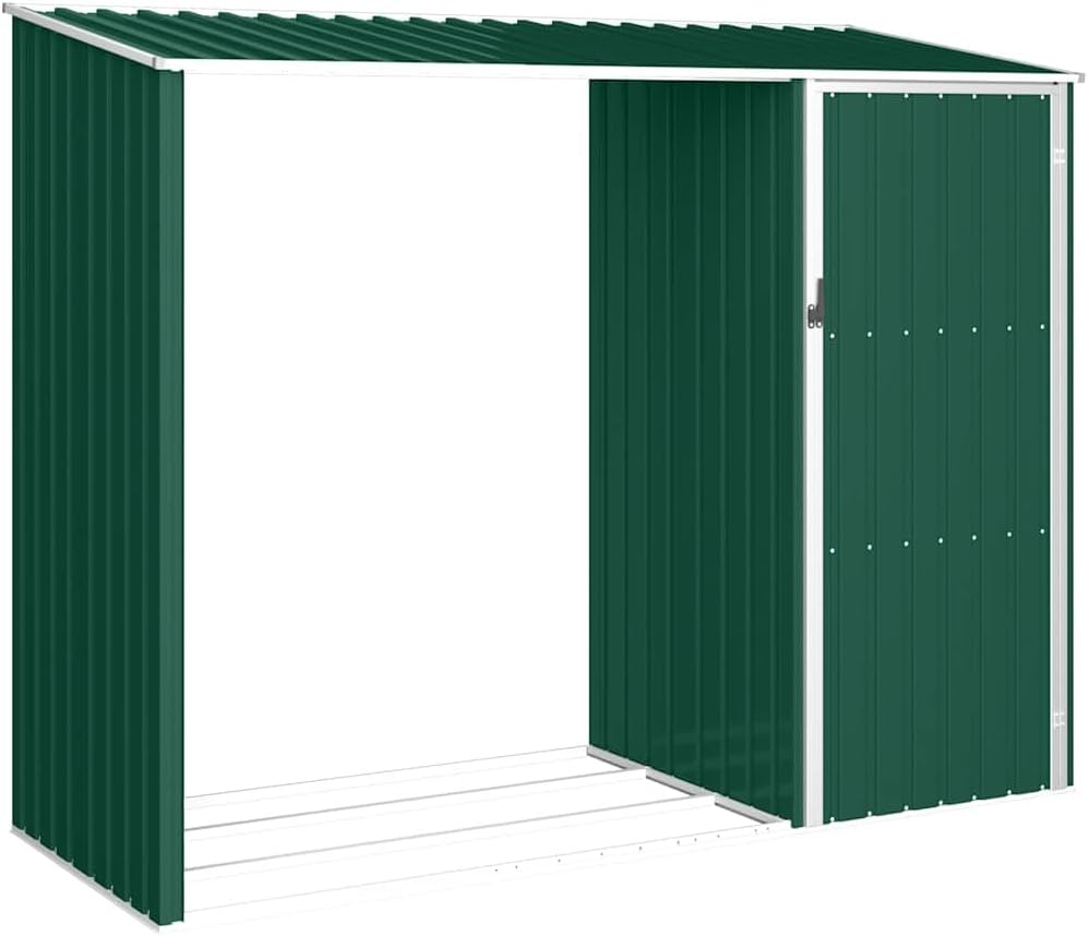  Abri De Jardin Acier Galvanisé 245x98x159 Cm Anthracite, Râtelier à Bûches 2 En 1 Pour Rangement Extérieur D'outils Et Bois De Chauffage, Toit En Pente Pour écoulement D'eau