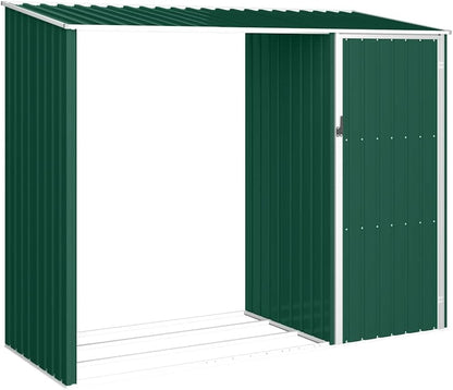  Abri De Jardin Acier Galvanisé 245x98x159 Cm Anthracite, Râtelier à Bûches 2 En 1 Pour Rangement Extérieur D'outils Et Bois De Chauffage, Toit En Pente Pour écoulement D'eau