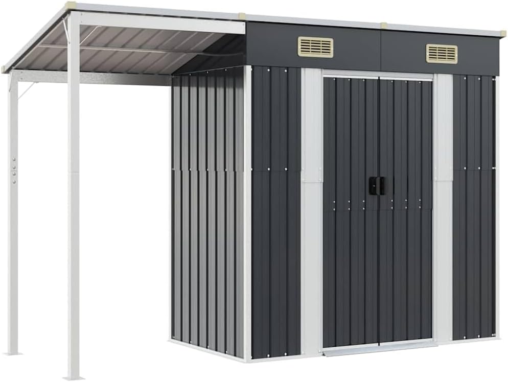  Abri De Jardin Acier Galvanisé Avec Toit Prolongé Marron Clair 277x107x181 Cm, Rangement Extérieur Pour Outils Et Mobilier, Porte Avec Poignées Et 2 Bouches D'aération