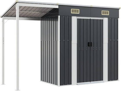 Abri De Jardin Acier Galvanisé Avec Toit Prolongé Marron Clair 277x107x181 Cm, Rangement Extérieur Pour Outils Et Mobilier, Porte Avec Poignées Et 2 Bouches D'aération