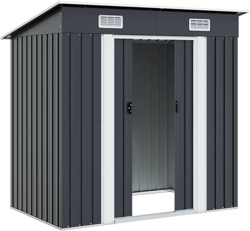  Abri De Jardin En Acier Galvanisé Anthracite Avec Ventilation, Doubles Portes Coulissantes Et Pièces Prédécoupées Pour Rangement Outils Et Matériel Extérieur