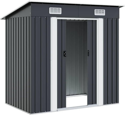  Abri De Jardin En Acier Galvanisé Anthracite Avec Ventilation, Doubles Portes Coulissantes Et Pièces Prédécoupées Pour Rangement Outils Et Matériel Extérieur