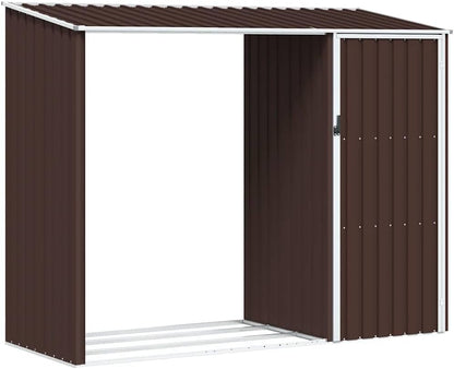  Abri De Jardin Acier Galvanisé 245x98x159 Cm Anthracite, Râtelier à Bûches 2 En 1 Pour Rangement Extérieur D'outils Et Bois De Chauffage, Toit En Pente Pour écoulement D'eau