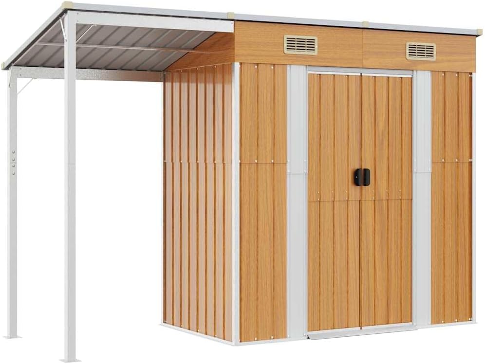  Abri De Jardin Acier Galvanisé Avec Toit Prolongé Marron Clair 277x107x181 Cm, Rangement Extérieur Pour Outils Et Mobilier, Porte Avec Poignées Et 2 Bouches D'aération