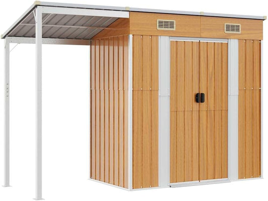  Abri De Jardin Acier Galvanisé Avec Toit Prolongé Marron Clair 277x107x181 Cm, Rangement Extérieur Pour Outils Et Mobilier, Porte Avec Poignées Et 2 Bouches D'aération