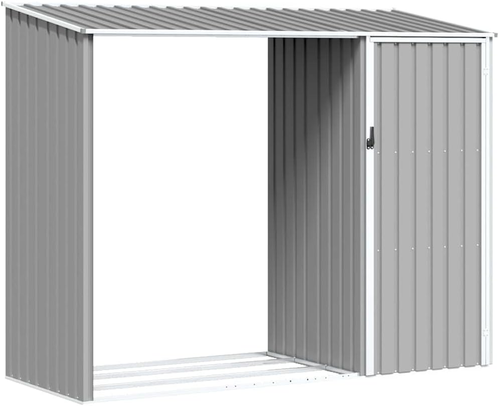  Abri De Jardin Acier Galvanisé 245x98x159 Cm Anthracite, Râtelier à Bûches 2 En 1 Pour Rangement Extérieur D'outils Et Bois De Chauffage, Toit En Pente Pour écoulement D'eau