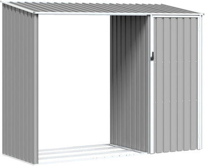  Abri De Jardin Acier Galvanisé 245x98x159 Cm Anthracite, Râtelier à Bûches 2 En 1 Pour Rangement Extérieur D'outils Et Bois De Chauffage, Toit En Pente Pour écoulement D'eau