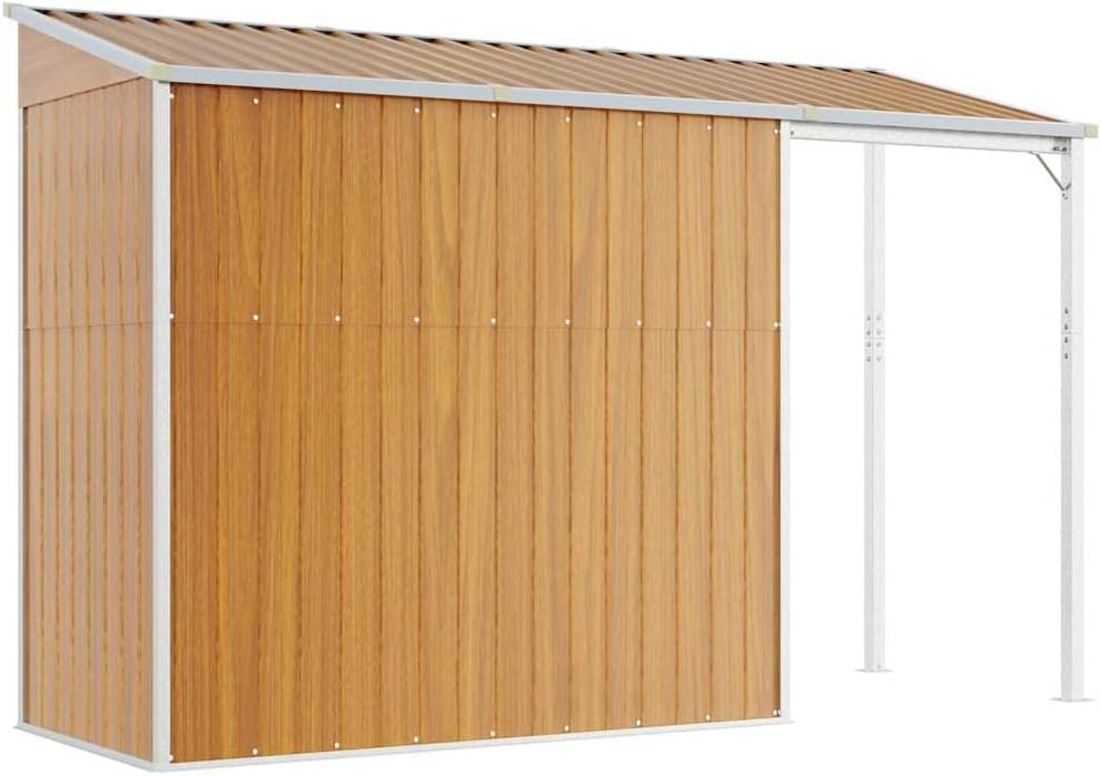  Abri De Jardin Acier Galvanisé Avec Toit Prolongé Marron Clair 277x107x181 Cm, Rangement Extérieur Pour Outils Et Mobilier, Porte Avec Poignées Et 2 Bouches D'aération