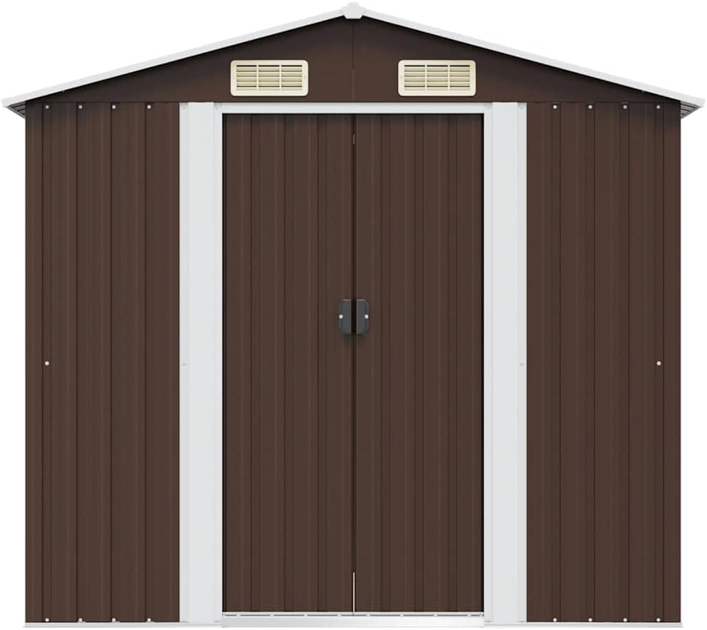 Abri De Jardin En Métal Marron 204x132x186 Cm, Cabane De Rangement Extérieur Avec Doubles Portes Coulissantes, Cadre En Acier Robuste Pour Outils De Jardin Et Matériel D'entretien.