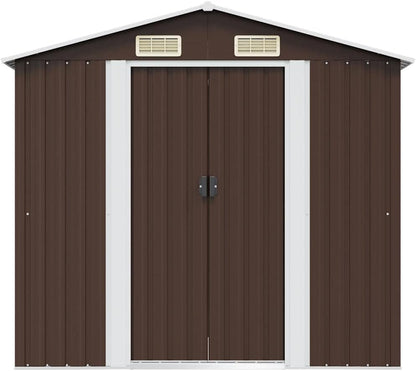  Abri De Jardin En Métal Marron 204x132x186 Cm, Cabane De Rangement Extérieur Avec Doubles Portes Coulissantes, Cadre En Acier Robuste Pour Outils De Jardin Et Matériel D'entretien.