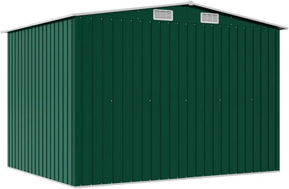  Abri De Stockage Jardin En Métal Vert 257 X 205 X 178 Cm Avec Double Porte Coulissante, Ventilation Optimale, Cadre Acier Galvanisé, Espace Rangement Outils Et Matériel Extérieur