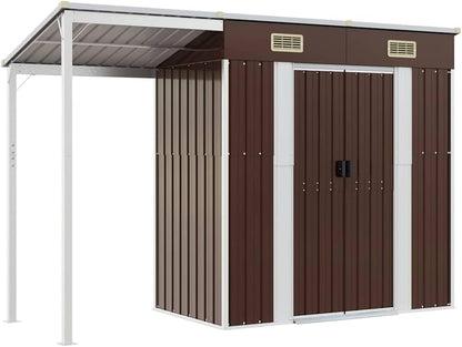  Abri De Jardin Acier Galvanisé Avec Toit Prolongé Marron Clair 277x107x181 Cm, Rangement Extérieur Pour Outils Et Mobilier, Porte Avec Poignées Et 2 Bouches D'aération