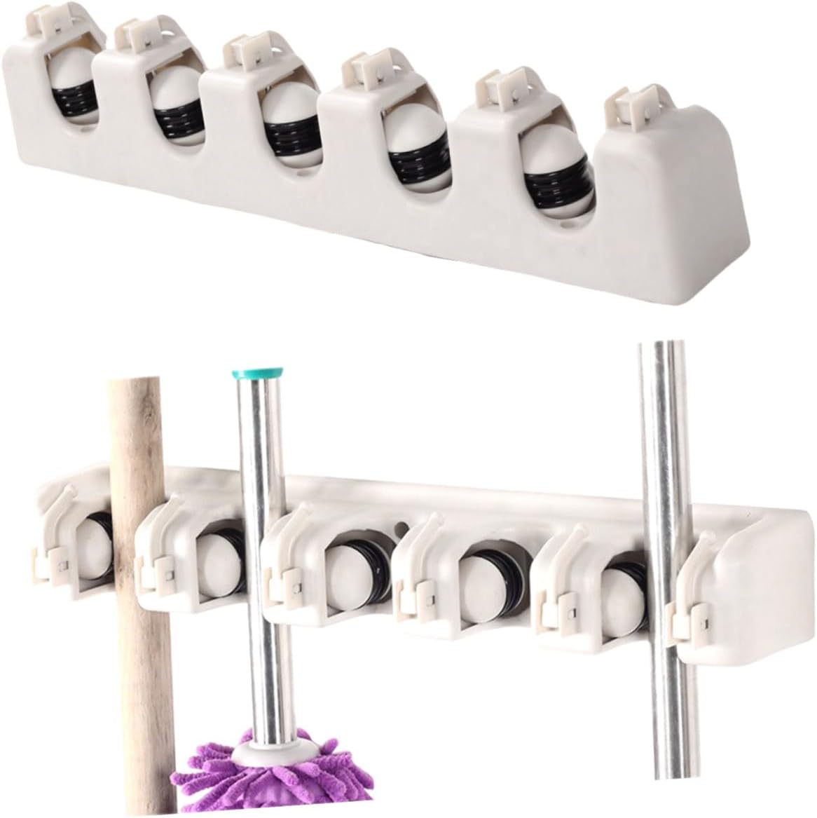  VOSAREA Support Mural Beige Pour Balais Et Brosses En Plastique Abs Avec 6 Crochets Robustes Et 5 Positions, Pour Buanderie Et Bureaux, Fixation Par Vis Incluse