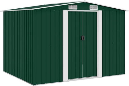  Abri De Stockage Jardin En Métal Vert 257 X 205 X 178 Cm Avec Double Porte Coulissante, Ventilation Optimale, Cadre Acier Galvanisé, Espace Rangement Outils Et Matériel Extérieur
