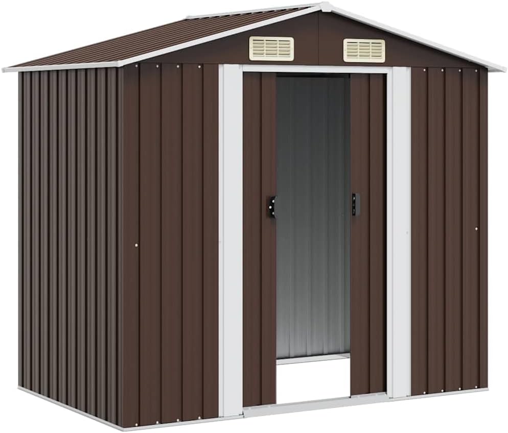  Abri De Jardin En Métal Marron 204x132x186 Cm, Cabane De Rangement Extérieur Avec Doubles Portes Coulissantes, Cadre En Acier Robuste Pour Outils De Jardin Et Matériel D'entretien.