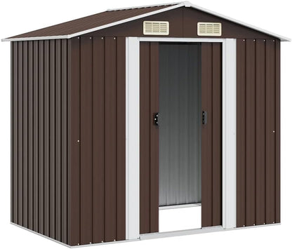  Abri De Jardin En Métal Marron 204x132x186 Cm, Cabane De Rangement Extérieur Avec Doubles Portes Coulissantes, Cadre En Acier Robuste Pour Outils De Jardin Et Matériel D'entretien.