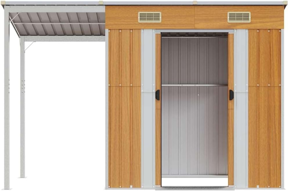  Abri De Jardin Acier Galvanisé Avec Toit Prolongé Marron Clair 277x107x181 Cm, Rangement Extérieur Pour Outils Et Mobilier, Porte Avec Poignées Et 2 Bouches D'aération