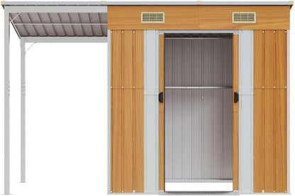  Abri De Jardin Acier Galvanisé Avec Toit Prolongé Marron Clair 277x107x181 Cm, Rangement Extérieur Pour Outils Et Mobilier, Porte Avec Poignées Et 2 Bouches D'aération