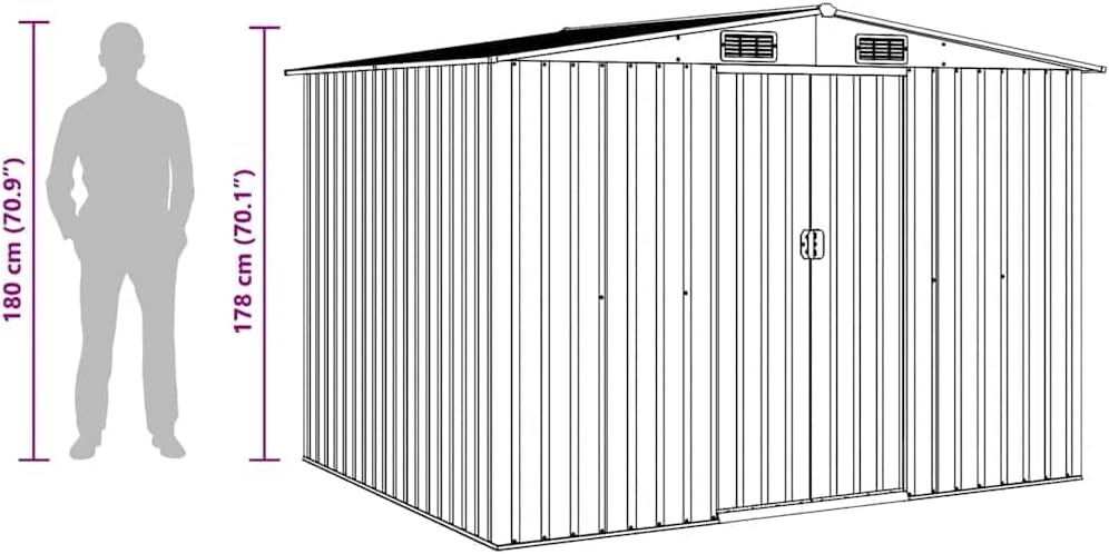  Abri De Stockage Jardin En Métal Vert 257 X 205 X 178 Cm Avec Double Porte Coulissante, Ventilation Optimale, Cadre Acier Galvanisé, Espace Rangement Outils Et Matériel Extérieur