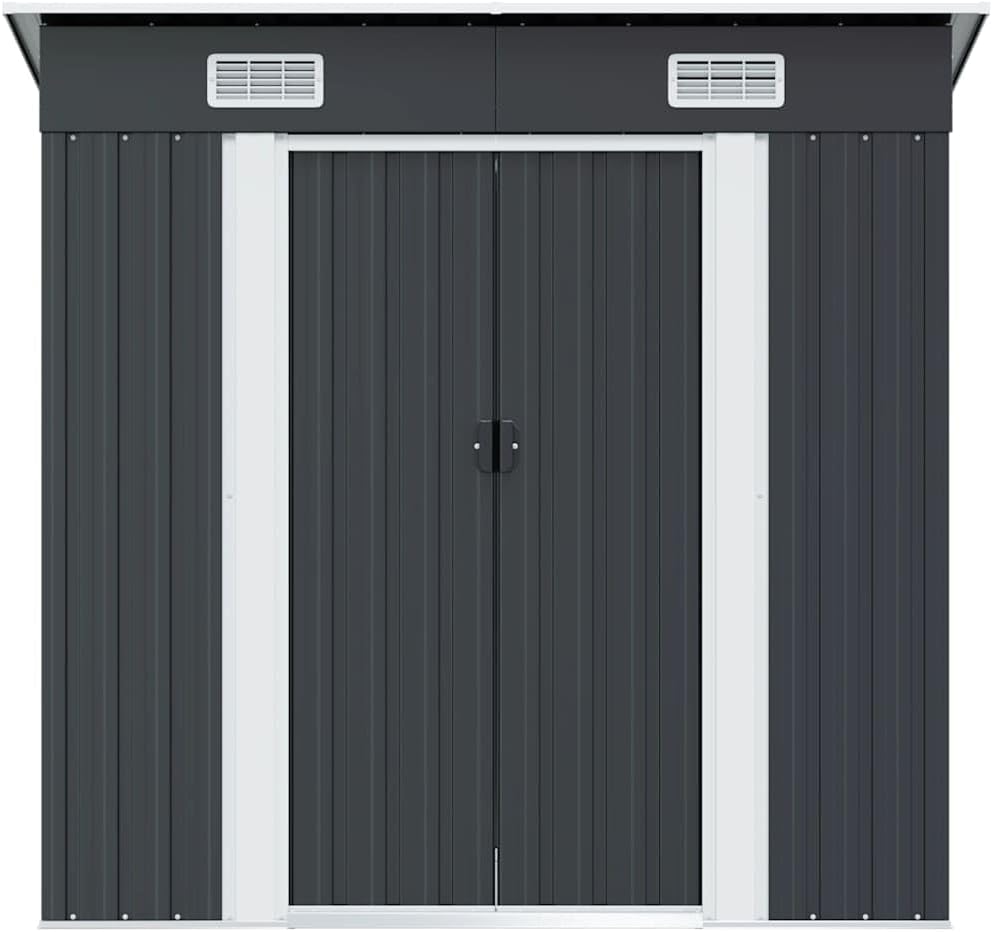  Abri De Jardin En Acier Galvanisé Anthracite Avec Ventilation, Doubles Portes Coulissantes Et Pièces Prédécoupées Pour Rangement Outils Et Matériel Extérieur
