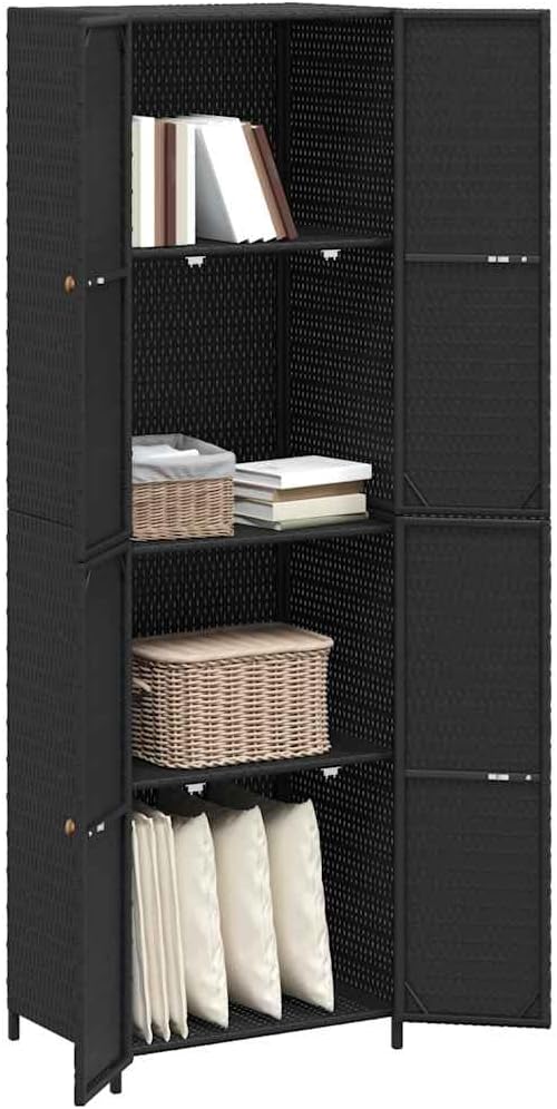 Armoire De Jardin En Polyrotin Noir 59 X 40 X 180 Cm Avec Espace De Rangement Et Casier, Résistante Aux Intempéries, Avec Poignées En Bois D'acacia Massif Et Cadre En Acier Revêtu Par