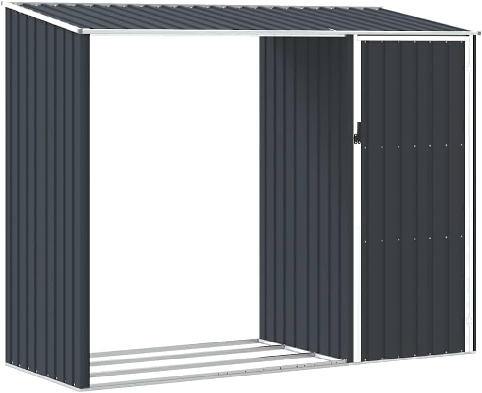  Abri De Jardin Acier Galvanisé 245x98x159 Cm Anthracite, Râtelier à Bûches 2 En 1 Pour Rangement Extérieur D'outils Et Bois De Chauffage, Toit En Pente Pour écoulement D'eau