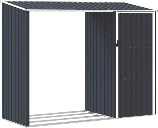  Abri De Jardin Acier Galvanisé 245x98x159 Cm Anthracite, Râtelier à Bûches 2 En 1 Pour Rangement Extérieur D'outils Et Bois De Chauffage, Toit En Pente Pour écoulement D'eau