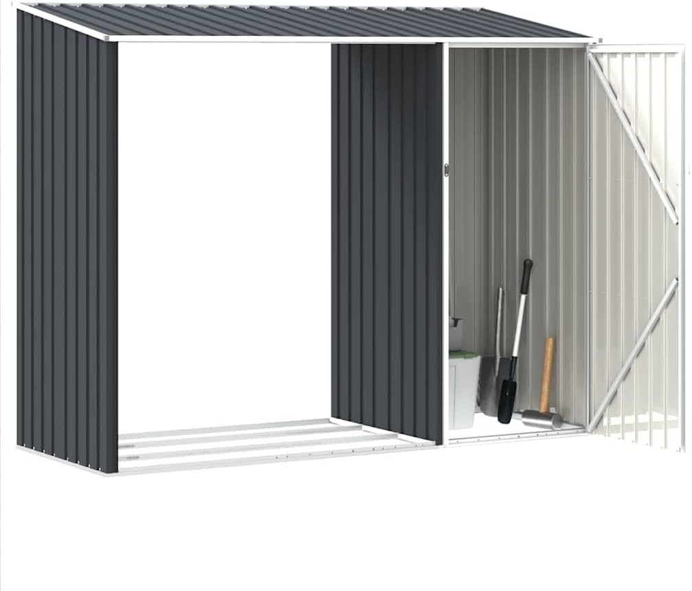  Abri De Jardin Acier Galvanisé 245x98x159 Cm Anthracite, Râtelier à Bûches 2 En 1 Pour Rangement Extérieur D'outils Et Bois De Chauffage, Toit En Pente Pour écoulement D'eau