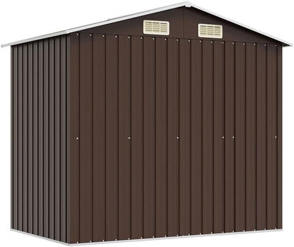  Abri De Jardin En Métal Marron 204x132x186 Cm, Cabane De Rangement Extérieur Avec Doubles Portes Coulissantes, Cadre En Acier Robuste Pour Outils De Jardin Et Matériel D'entretien.