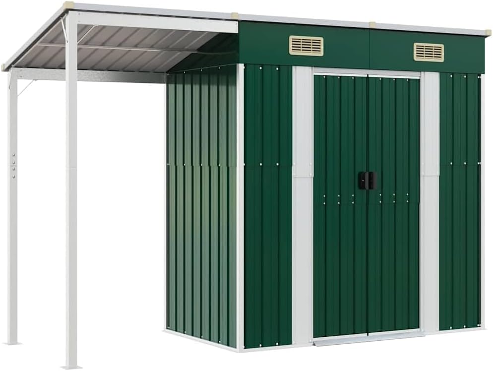  Abri De Jardin Acier Galvanisé Avec Toit Prolongé Marron Clair 277x107x181 Cm, Rangement Extérieur Pour Outils Et Mobilier, Porte Avec Poignées Et 2 Bouches D'aération