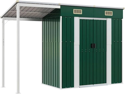  Abri De Jardin Acier Galvanisé Avec Toit Prolongé Marron Clair 277x107x181 Cm, Rangement Extérieur Pour Outils Et Mobilier, Porte Avec Poignées Et 2 Bouches D'aération