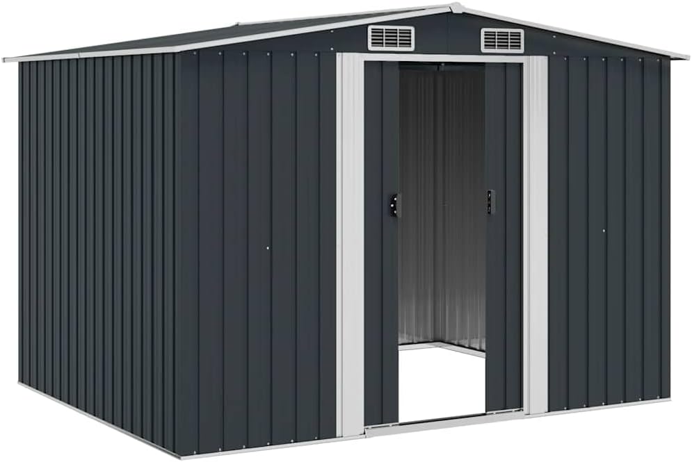  Abri De Rangement Extérieur En Métal Anthracite 257x205x178 Cm, Abri De Jardin Outillage Avec Doubles Portes Coulissantes Et 4 Aérations, Acier Galvanisé Résistant à La Corrosion