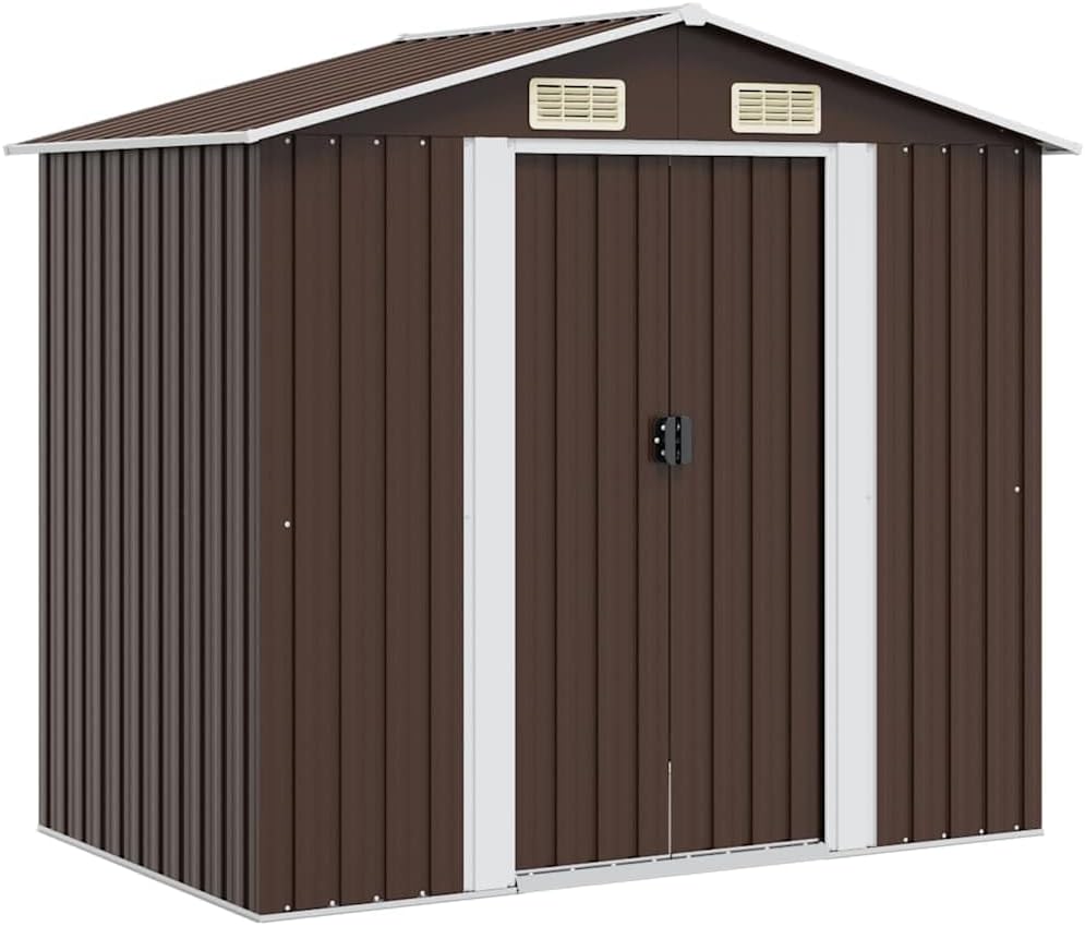  Abri De Jardin En Métal Marron 204x132x186 Cm, Cabane De Rangement Extérieur Avec Doubles Portes Coulissantes, Cadre En Acier Robuste Pour Outils De Jardin Et Matériel D'entretien.