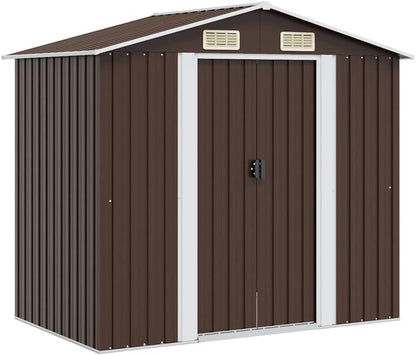  Abri De Jardin En Métal Marron 204x132x186 Cm, Cabane De Rangement Extérieur Avec Doubles Portes Coulissantes, Cadre En Acier Robuste Pour Outils De Jardin Et Matériel D'entretien.