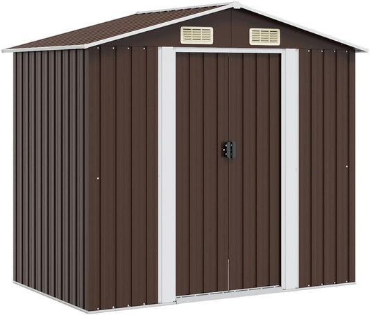  Abri De Jardin En Métal Marron 204x132x186 Cm, Cabane De Rangement Extérieur Avec Doubles Portes Coulissantes, Cadre En Acier Robuste Pour Outils De Jardin Et Matériel D'entretien.