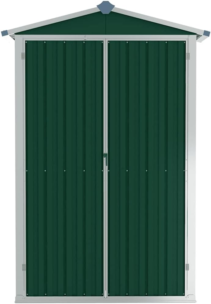  Abri De Jardin Vert En Acier Galvanisé 116 X 45 X 175 Cm Avec Double Porte Et étagère Pour Outils De Jardin, Vélo, Tondeuse, Poubelle, Rangement En Extérieur