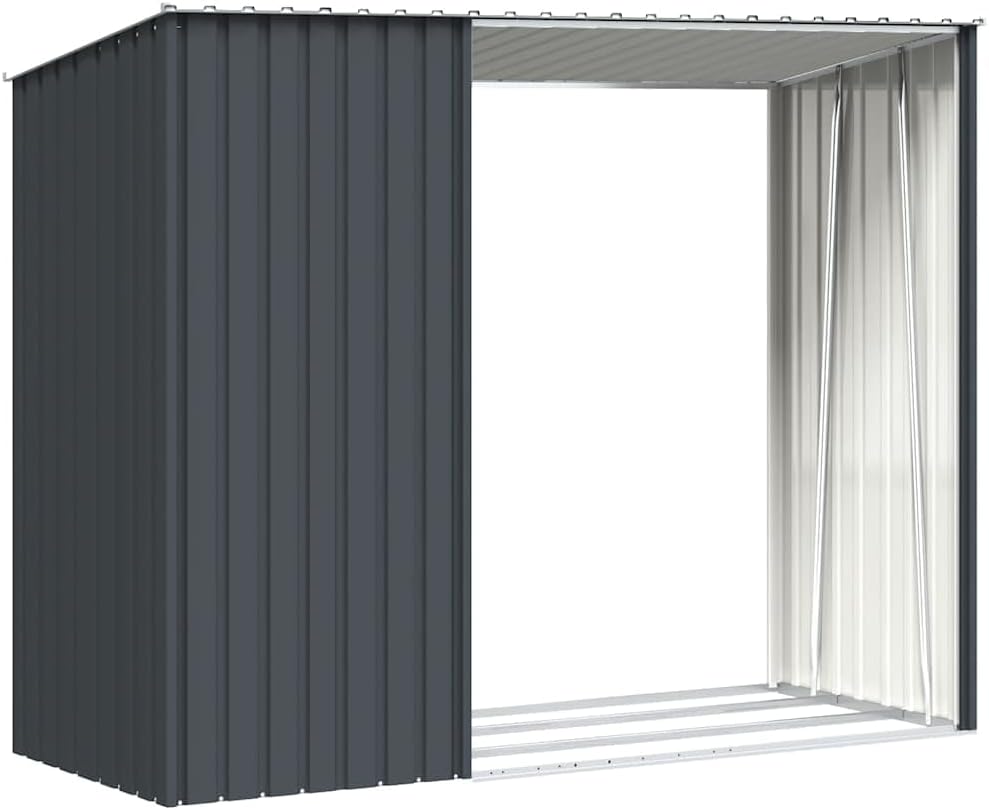  Abri De Jardin Acier Galvanisé 245x98x159 Cm Anthracite, Râtelier à Bûches 2 En 1 Pour Rangement Extérieur D'outils Et Bois De Chauffage, Toit En Pente Pour écoulement D'eau