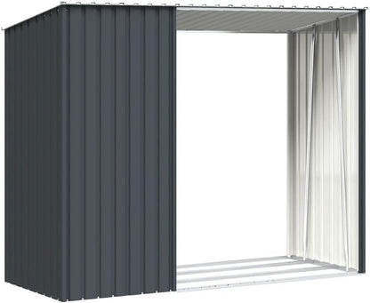  Abri De Jardin Acier Galvanisé 245x98x159 Cm Anthracite, Râtelier à Bûches 2 En 1 Pour Rangement Extérieur D'outils Et Bois De Chauffage, Toit En Pente Pour écoulement D'eau